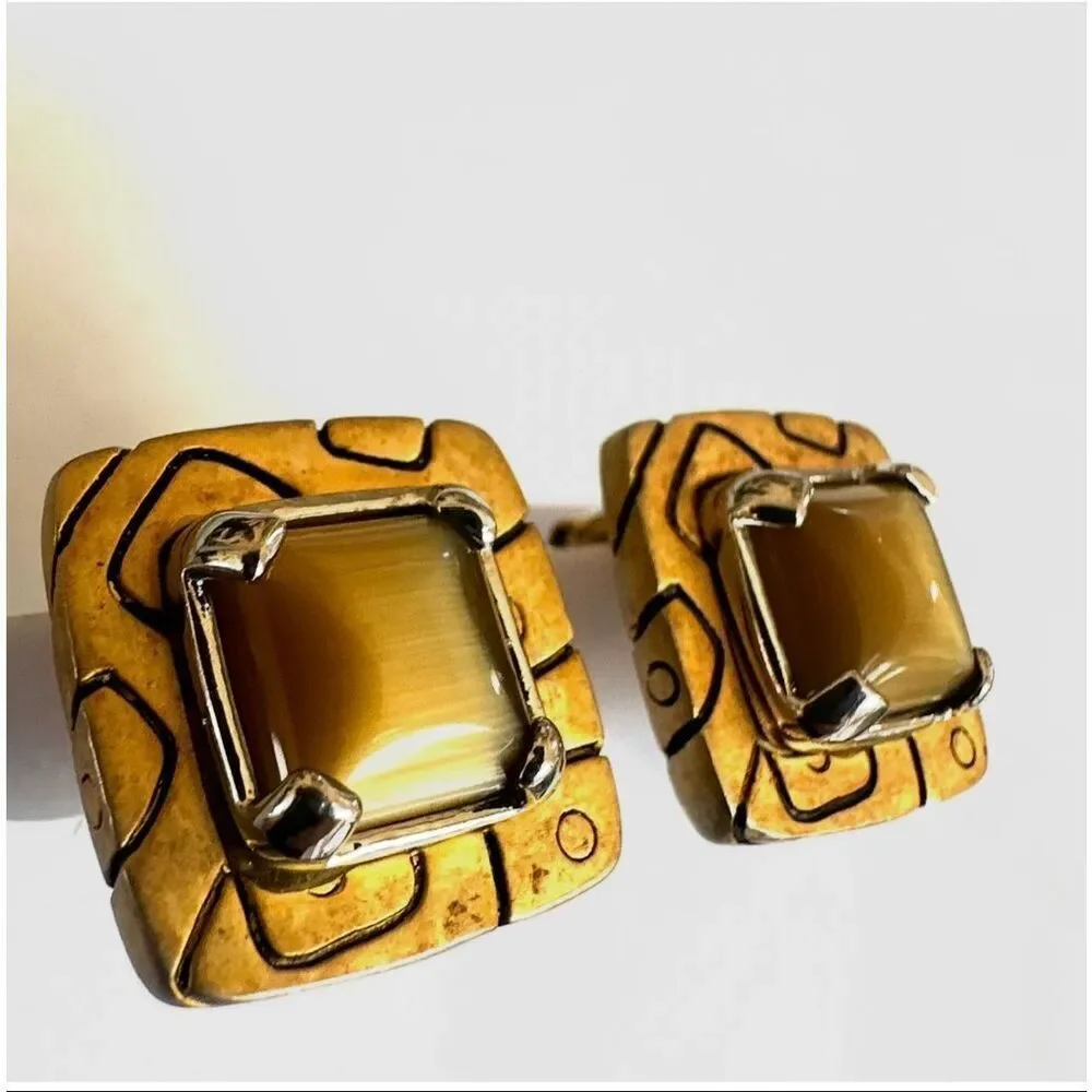 Gold Tone Square Earrings with Cat’s Eye Style Glass